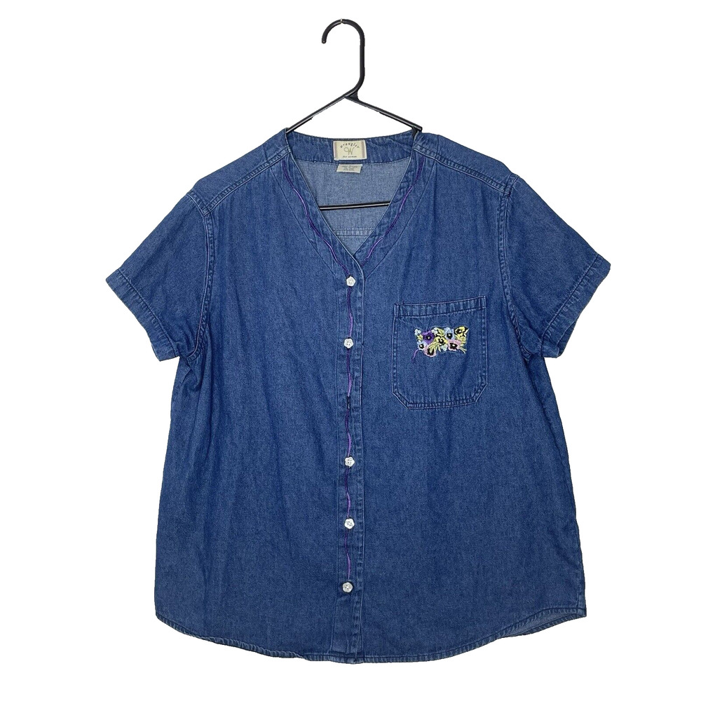 Y2K Vintage Wrangler Womens Shirt‎ L Blue Denim Embroidery Teacher Cottage